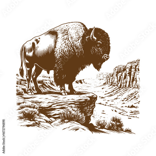 Majestic Bison Standing in Mountain Valley – Wildlife Nature Illustration