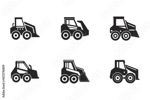 Set of skid steer loader icons in modern glyph style construction and agricultural machinery collection heavy equipment vehicle icons