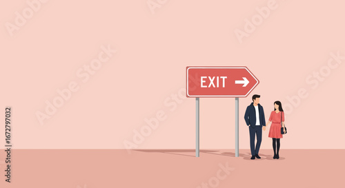 Couple Standing Near Exit Sign Symbolizing Decisions and New Beginnings Together