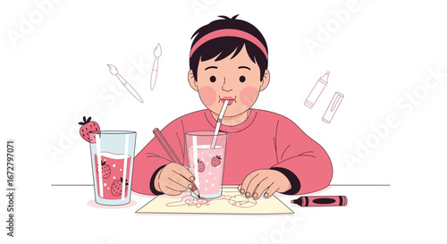 Child's Creative Moment: Drinking Strawberry Juice and Creating Art with Joy and Color