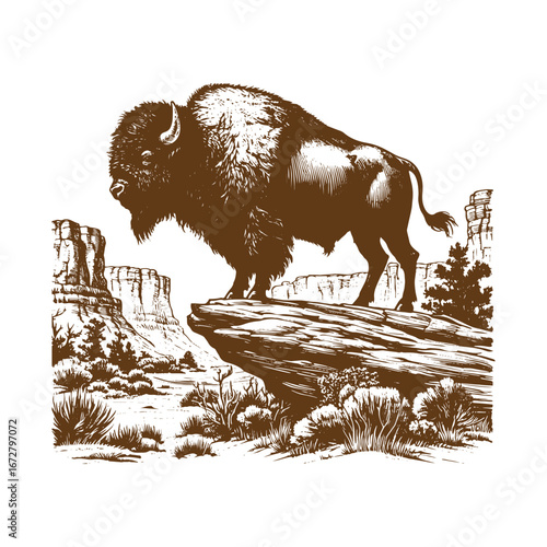 Majestic Bison Standing in Mountain Valley – Wildlife Nature Illustration