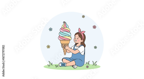 Child's Delight: A Young Girl Savors a Colossal, Colorful, Swirling Ice Cream Cone