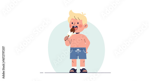 Child's Joyful Summer Treat: Enjoying Icy Delight While Sporting Playful Beach Attire