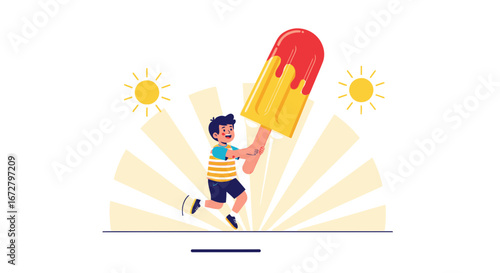 Child's Joyful Pursuit of Summer Sweetness With Radiant Solar Flares and Icy Delight