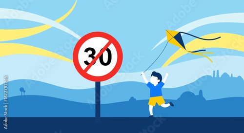Child's Play: A Kite-Flying Adventure, Ignoring Speed Limits in a Peaceful Environment