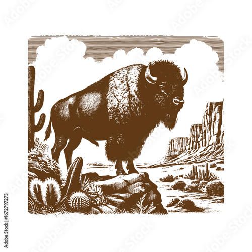 Majestic Bison Standing in Mountain Valley – Wildlife Nature Illustration