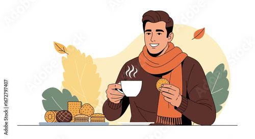 Cozy Autumn Moment: Man Enjoys Warm Drink and Biscuit Treat in a Relaxed Setting