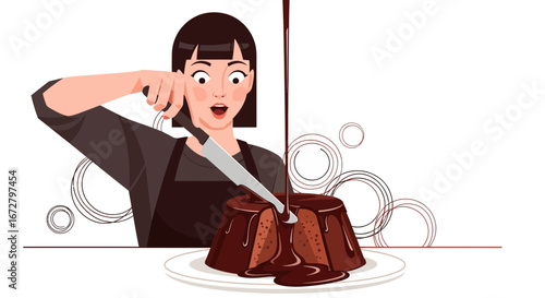 Chocolate Temptation: A Woman Cutting Into A Molten, Rich Dessert Creation