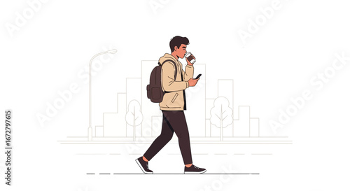 City Dweller Sipping Coffee While Navigating Digital World During Commute
