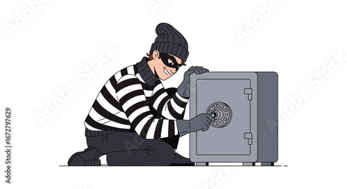 Cartoon Character of a Thief Trying to Open a Safe