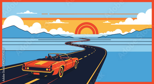 Classic Car Driving On A Winding Road Against Sunset and Mountain Landscape