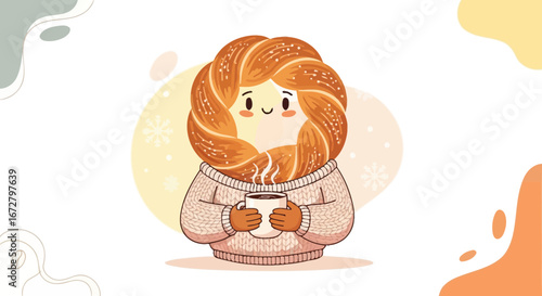 Cozy Cartoon Character Embracing Warm Drink During Winter Season and Festive Holiday