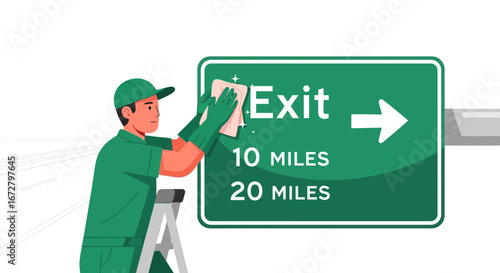 Cleaning And Maintaining Road Sign Illustrates Direction And Civic Duty In Graphic Style