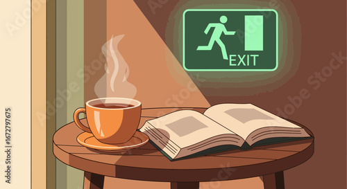 Cozy Corner: A Warm Beverage, Reading Material, And A Glimmering Exit Sign