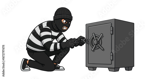 Cartoon Character of a Thief Trying to Open a Safe