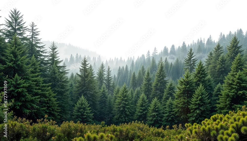 Obraz premium Majestic evergreen trees on a hillside shrouded in mist, creating a serene and peaceful natural scene