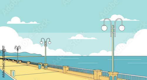 Coastal Promenade Illustration Depicting Serene Day, with Sea, Lanterns, and Azure Sky