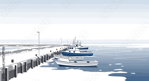 Coastal Harbor Scene Depicting Boats Docked Alongside Frozen Pier During Winter Season