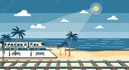 Coastal Train Journey Under a Bright Sun, Tropical Beachfront Rail Travel Scene
