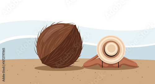 Coconut And Beach Lounger Enjoying Peaceful Seaside Relaxation On A Sunny Day