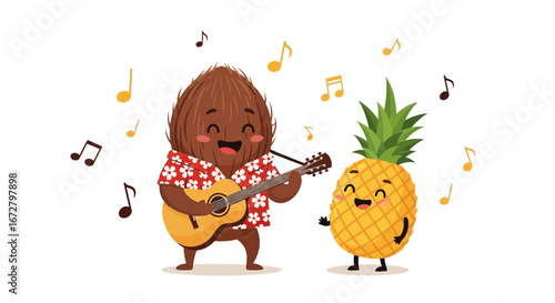 Coconut Character Playing Guitar and Singing Song Happily Near Pineapple Friend