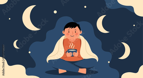 Cozy Night Illustration Person Enjoying Warm Beverage Under Blanket