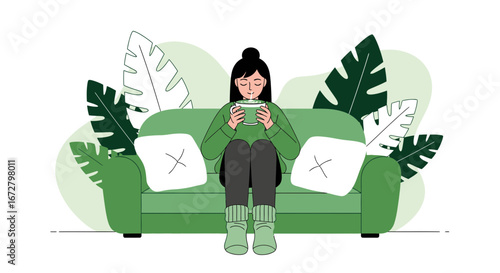 Cozy Person Drinking Beverage on Green Loveseat Against Leafy Backdrop Peaceful Scene