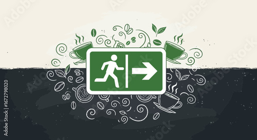 Coffee Break Escape Sign, Running Away From Cafeteria, Directional Symbol