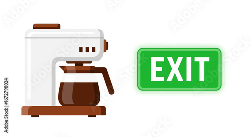 Coffee Brewing And Exit Sign Displaying A Concise Concept For A Morning Essential