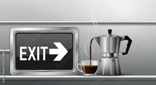 Coffee Break Exit Sign: Refreshing Moment of Escape with Steaming Brew and Direction
