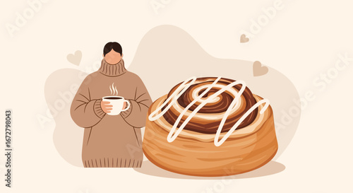 Cozy Scene Depicting Warm Drink And Delicious Cinnamon Roll For Afternoon Delights