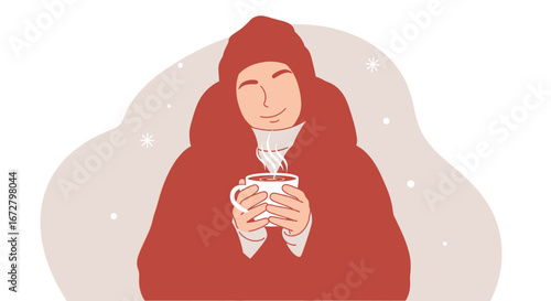 Cozy Person Enjoying Warm Drink in Winter Weather With Smiling Expression