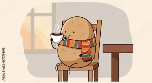 Cozy Potato Enjoying Beverage While Wrapped In Scarf, Sitting In Chair By Table