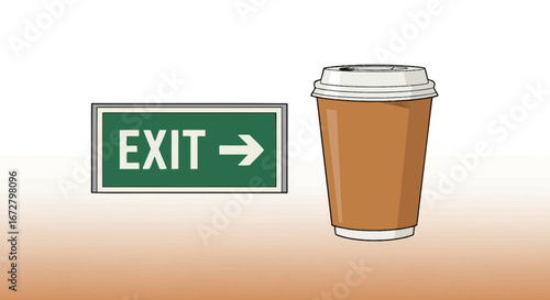Coffee Cup Beside Exit Sign Depicting A Break Time Symbol or Quick Rest