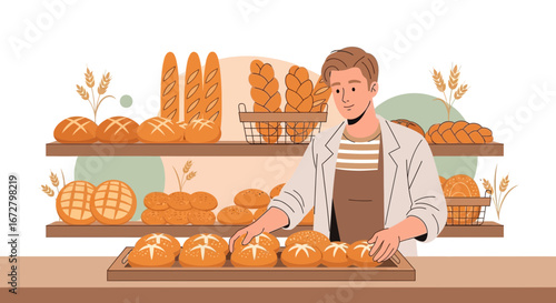 Crafted Artisan Breads Displayed By Baker Offering Freshly Baked Goods