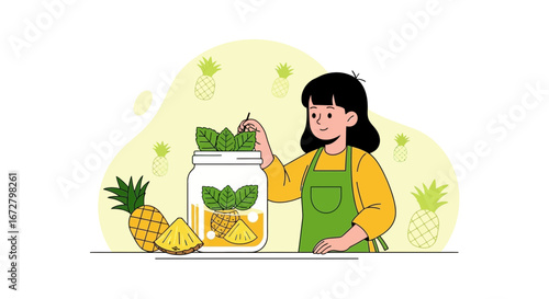 Crafting Flavorful Pineapple Infusion with Fresh Mint for Refreshment, Summer Days