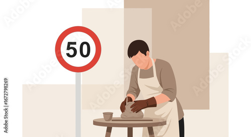 Crafting Pottery Art With A Speed Limit Sign Illustrating Focused Creativity and Artistic Endeavors
