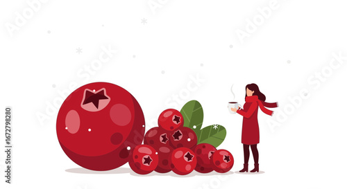 Cranberries, Woman And Drink On White Background, A Composition Of Festive Delight