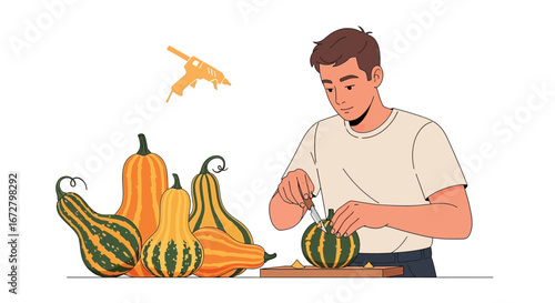 Craftsman Carving Pumpkins With a Knife and Preparing For Autumn Festival.