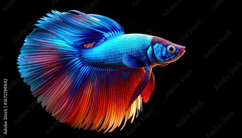 Fototapeta premium Dramatic close-up showcases vibrant colors and flowing fins of a captivating and elegant tropical fish against a dark background