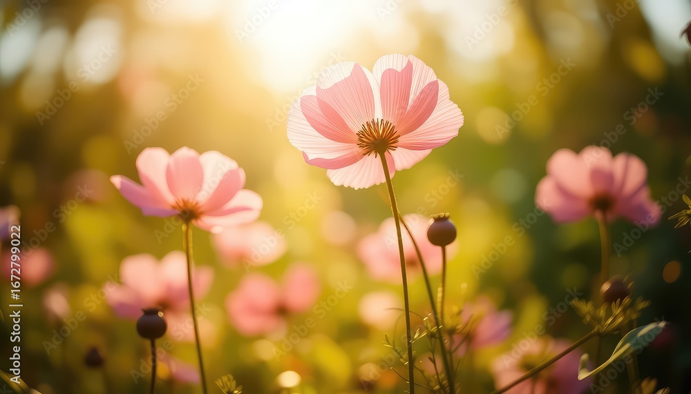 Gentle Sunlight Streaming Through a Field of Delicate Pink Flowers, Evoking a Sense of Serenity and the Beauty of Nature Gentle Sunlight Streaming Through a Field of Delicate Pink Flowers, Evoking a Sense of Serenity and the Beauty of Nature