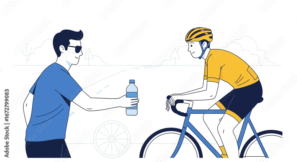 Fototapeta premium Cyclist Receives Hydration from Supporter During Training, Cycling Illustration