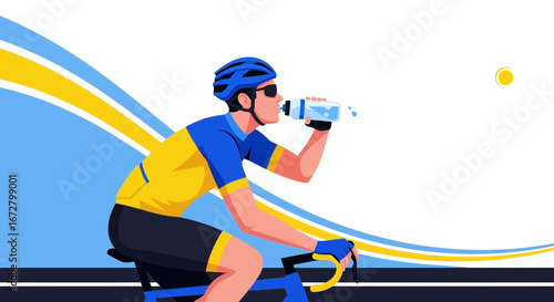 Cyclist Hydrating While Riding Bicycle with Background of Dynamic Wavy Lines on White Space