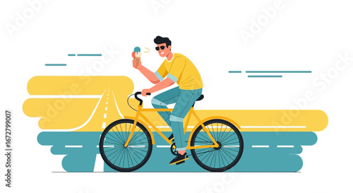 Cyclist Joyfully Relishes Sweet Treat While Enjoying Sunny Ride Towards Horizon
