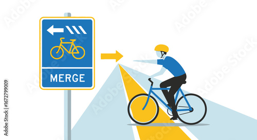 Cyclist Merging Into A Designated Bike Lane Under Clear Blue Sky With Signage