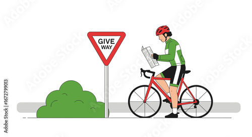 Cyclist Navigating The Road With Map, Adjacent Give Way Sign, And Green Bush