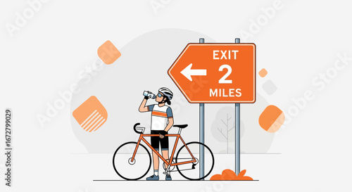 Cyclist Pauses To Drink While Near Road Sign Indicating Distance to Exit