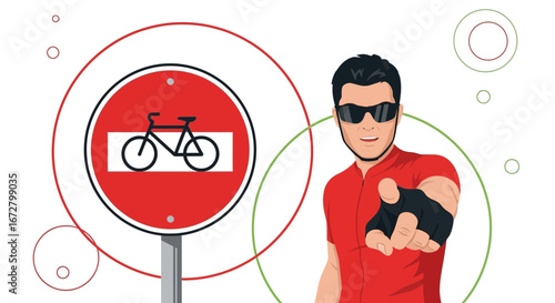 Cyclist Points At No Cycling Sign Demonstrating Road Safety Regulations And Guidance Properly