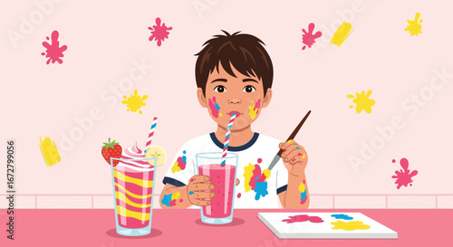 Creative Child Enjoying Colorful Drinks And Playful Art Activities In This Charming Illustration