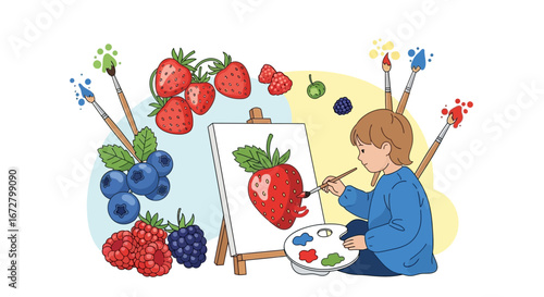 Creative Child Painting Berries: A Whimsical Artistic Depiction For Fresh Design Needs
